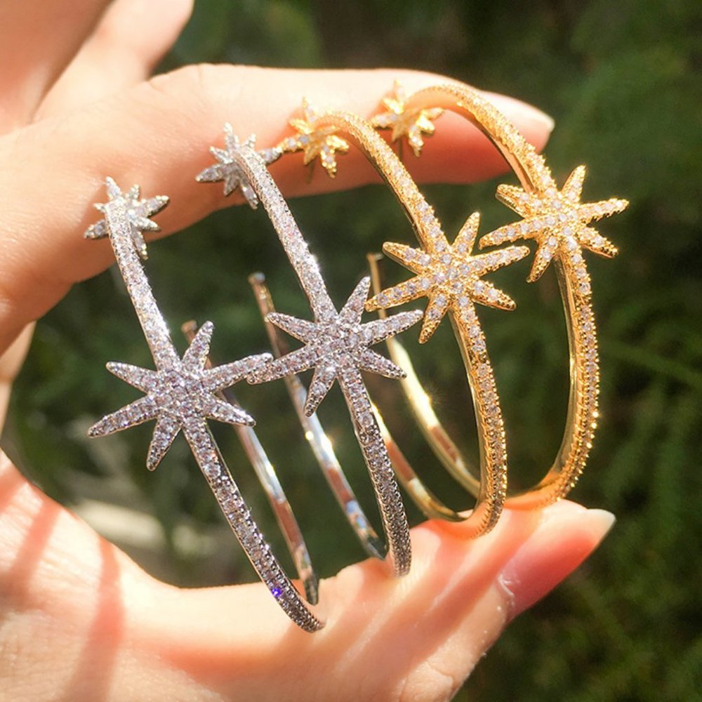 NEW Silver/Gold Diamond Double Star Hoop Earrings - Picture 1 of 5